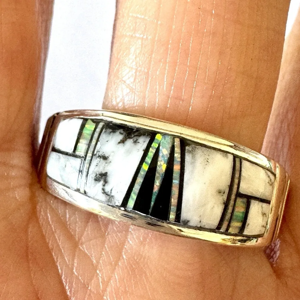 Navajo Wedding Band Sz 13 Inlay Ring Opal White Buffalo 10mm Mens Signed Tolino